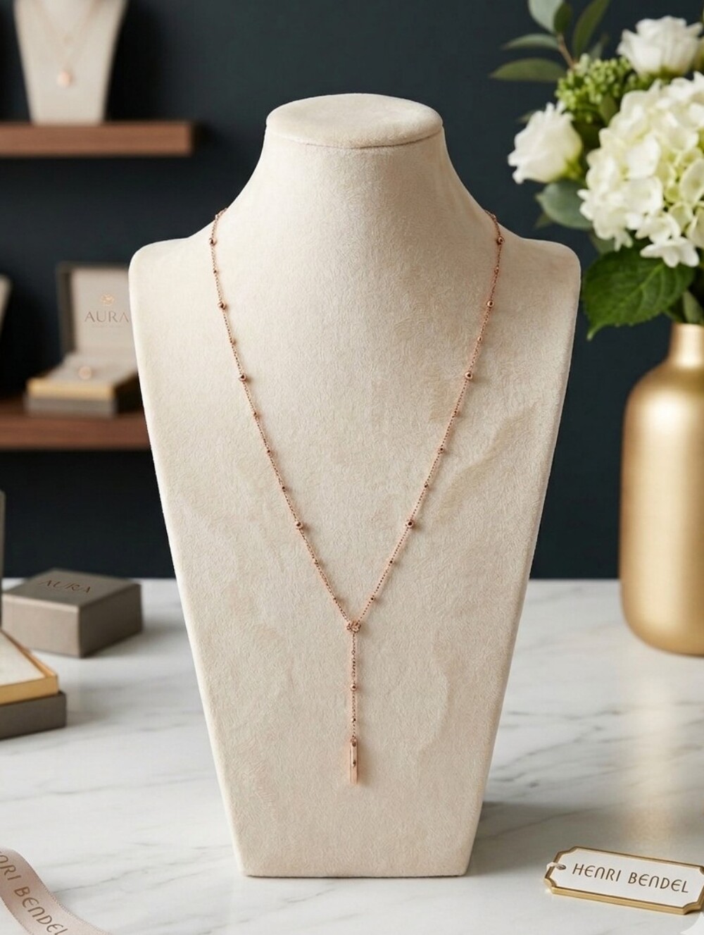 henri bendel Rose Gold Bead and Crystal Roseary Necklace